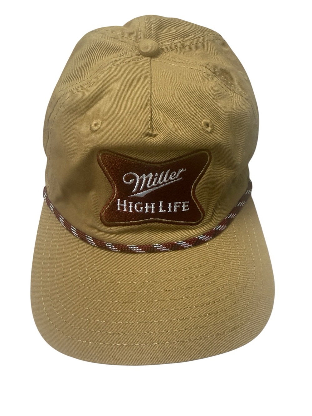 Miller High Life hat tan snapback cap braided rope trim